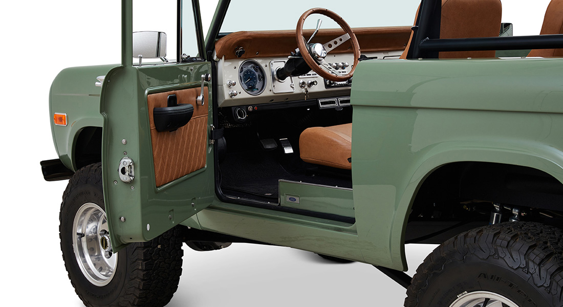 1973 Classic Ford Broncos Coyote Series in Boxwood Green with Whiskey Interior with family roll cage muirfield