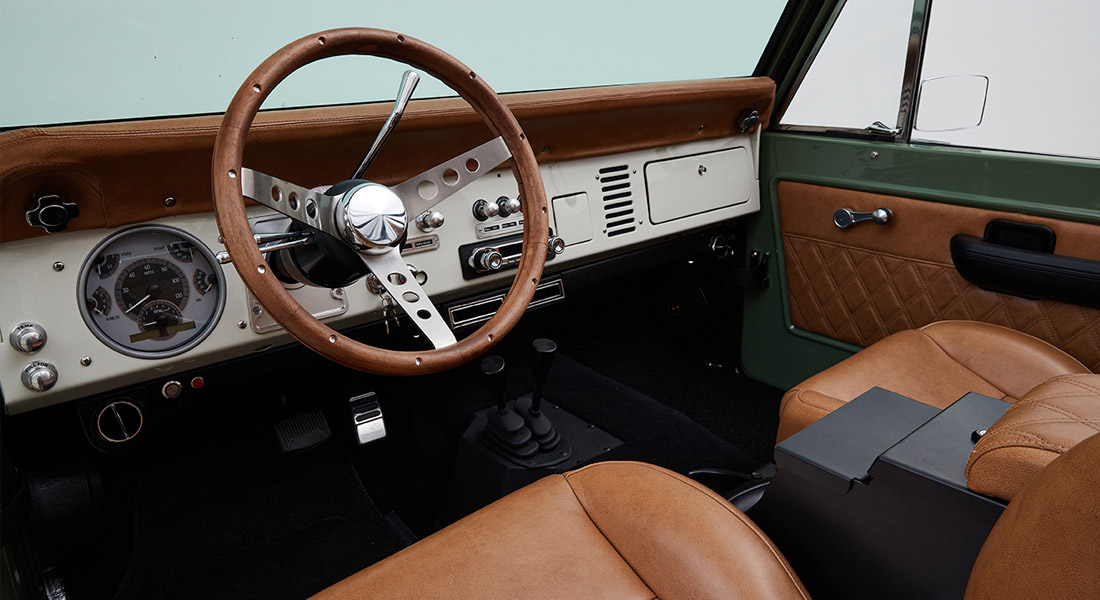 1973 Classic Ford Broncos Coyote Series in Boxwood Green with Whiskey Interior with family roll cage muirfield