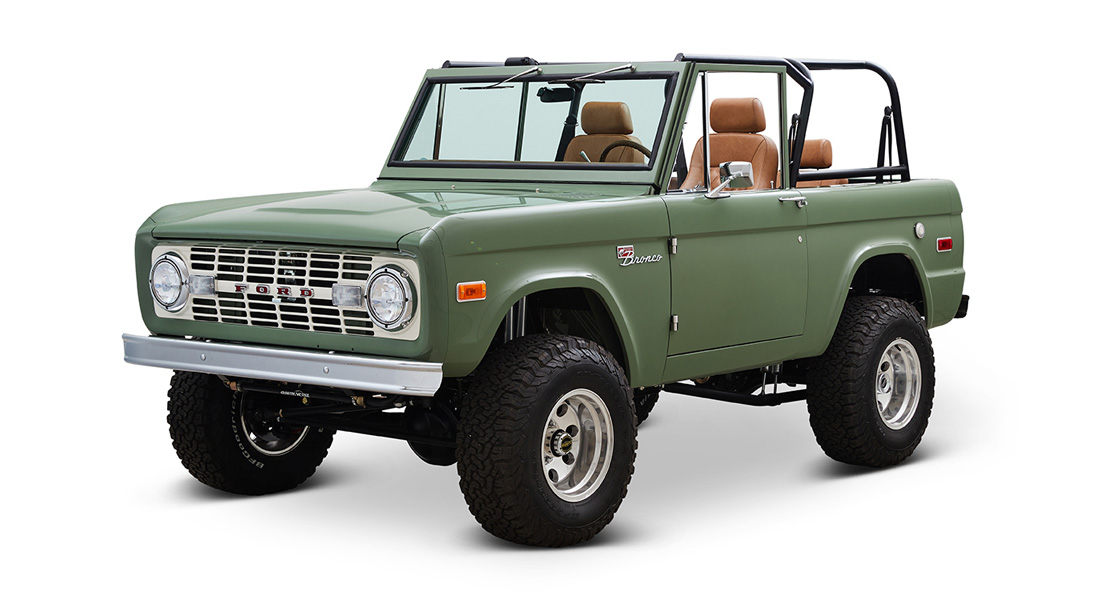 1973 Classic Ford Broncos Coyote Series in Boxwood Green with Whiskey Interior with family roll cage muirfield