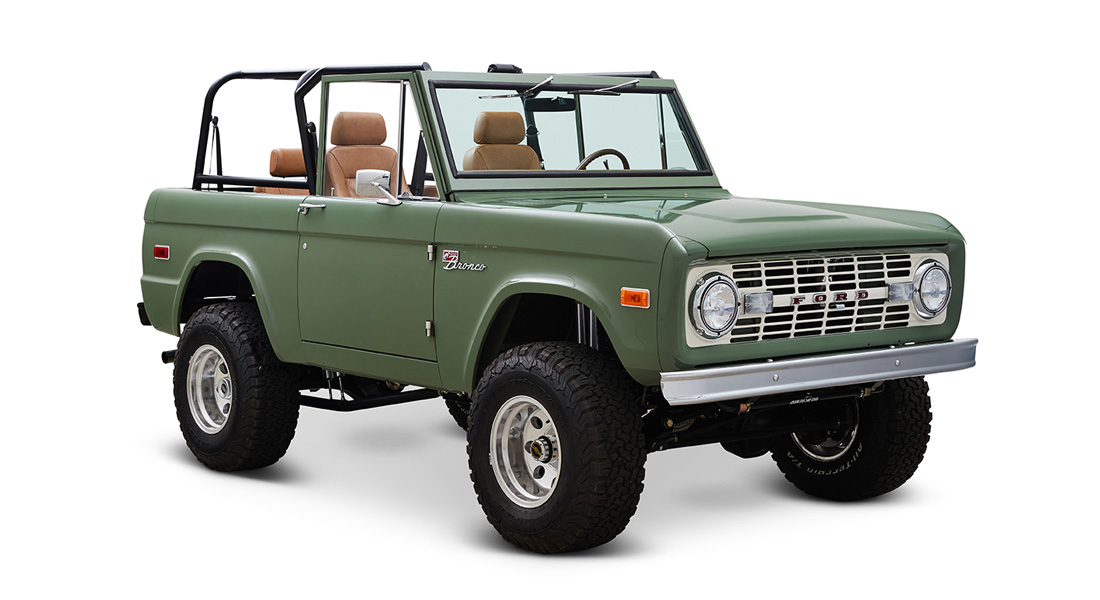 1973 Classic Ford Broncos Coyote Series in Boxwood Green with Whiskey Interior with family roll cage muirfield