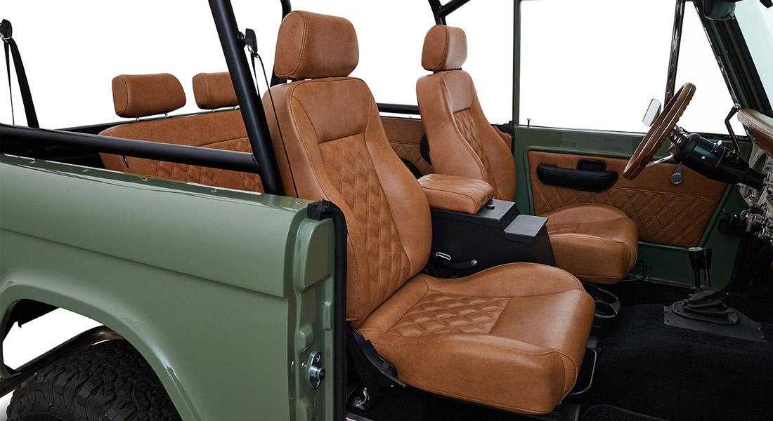 1973 Classic Ford Broncos Coyote Series in Boxwood Green with Whiskey Interior with family roll cage muirfield