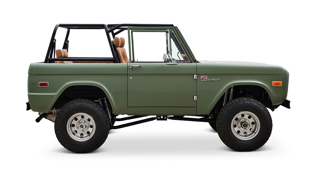 1973 Classic Ford Broncos Coyote Series in Boxwood Green with Whiskey Interior with family roll cage muirfield