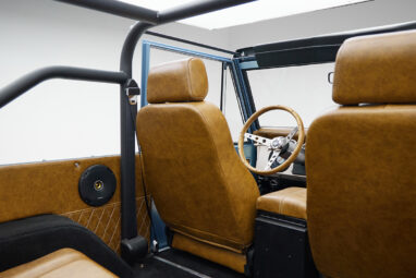 1973 Ford Bronco in Brittany Blue over Whiskey leather interior detail