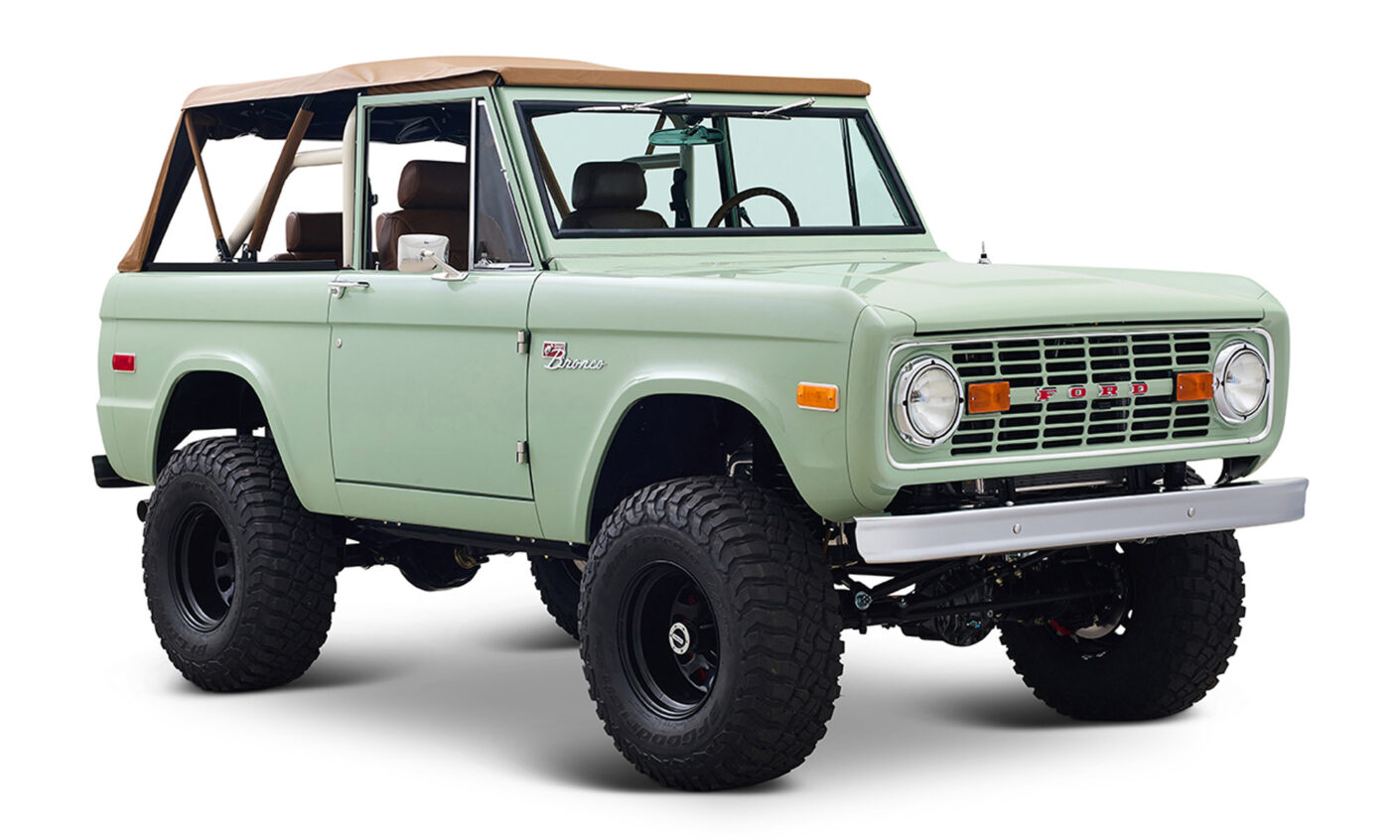 Ford Bronco 1971 Porcelain Green Coyote Series with Tan Soft Top and Custom Leather Interior