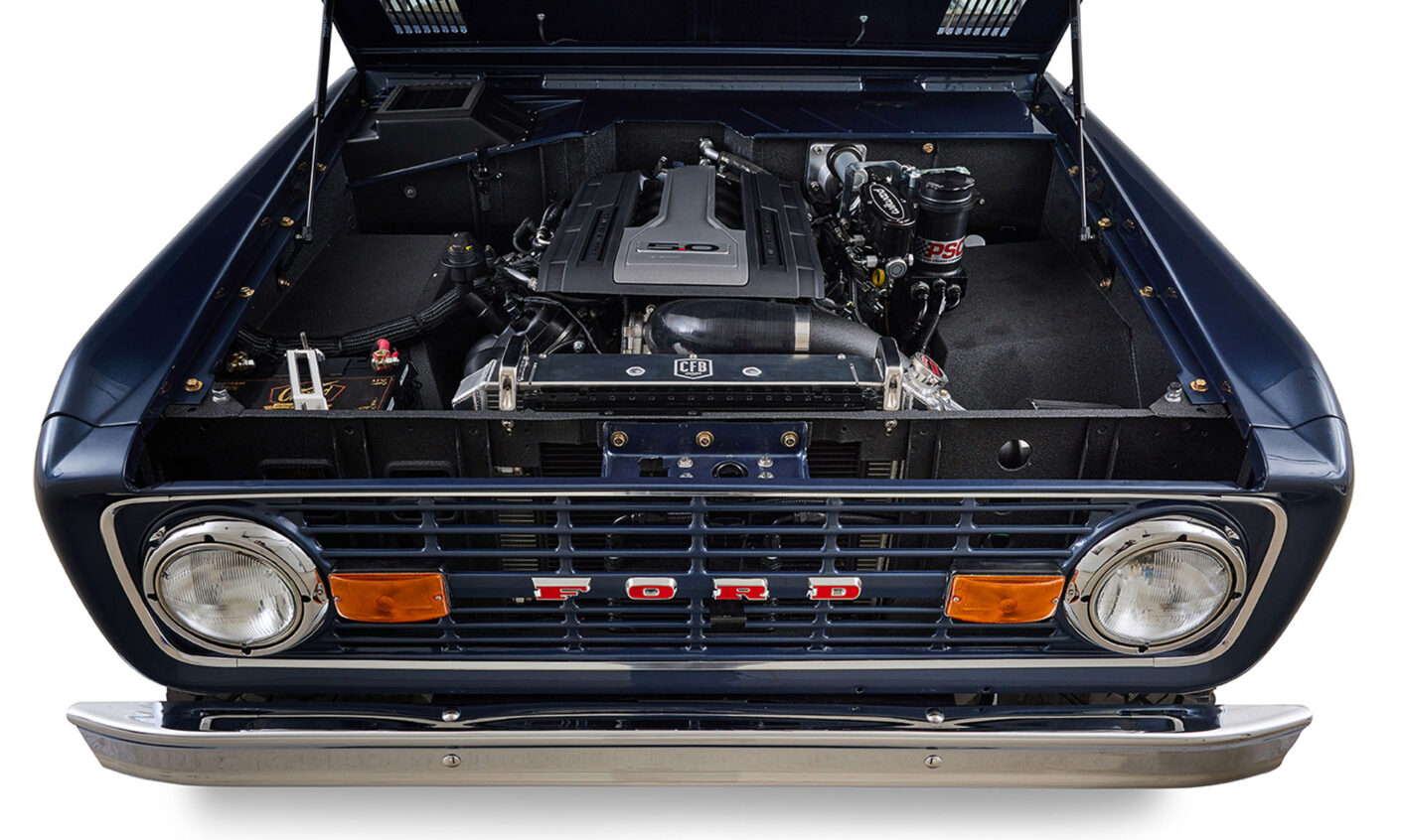 Ford Bronco 1975 Metallic Navy Coyote Series with Custom Diamond Stitch Leather Interior 3rd Gen Coyote 5.0L Engine