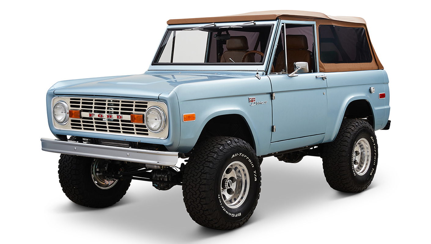 1973 Brittany Blue Ford Bronco 302 Series with Tan Soft Top