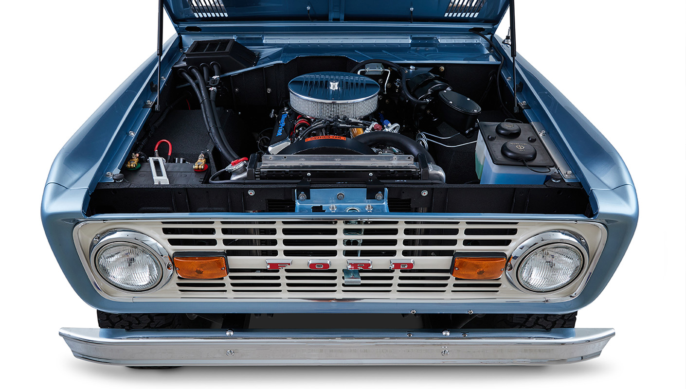 1973 Brittany Blue Ford Bronco 302 Series with Tan Soft Top Engine