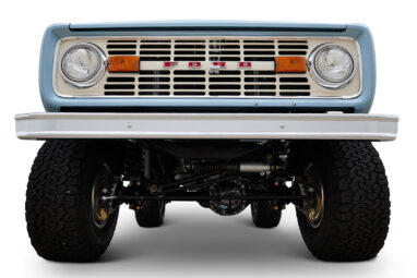 1973 Brittany Blue Ford Bronco 302 Series with Tan Soft Top Wimbledon White Grille