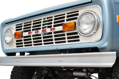 1973 Brittany Blue Ford Bronco 302 Series with Tan Soft Top Wimbledon White Grille