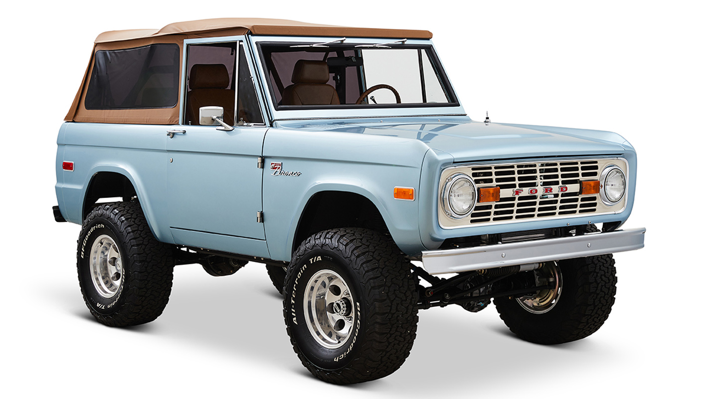 1973 Brittany Blue Ford Bronco 302 Series with Tan Soft Top
