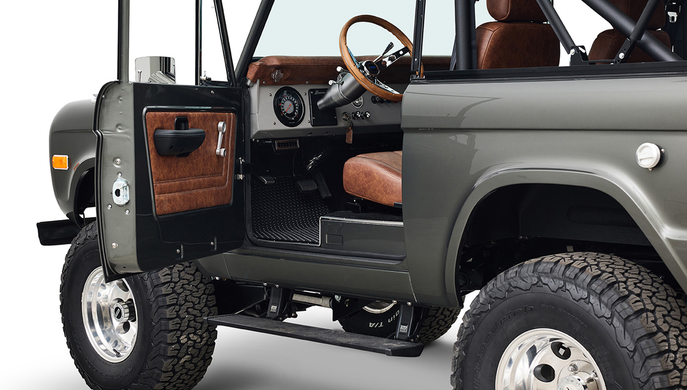 Ford Bronco 1977 302 Series in Adventurine Green with Black Soft Top and Custom Stitch Cigar Leather Interior