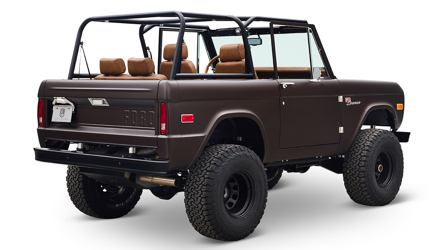 Ford Bronco 1970 in Matte Macadamia Brown with whiskey leather interior and black wheels