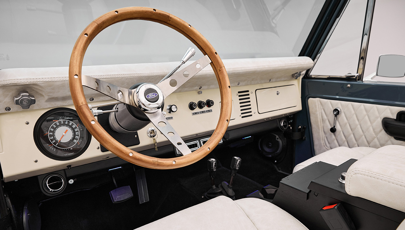 Ford Bronco Cab overview Wood Steering Wheel
