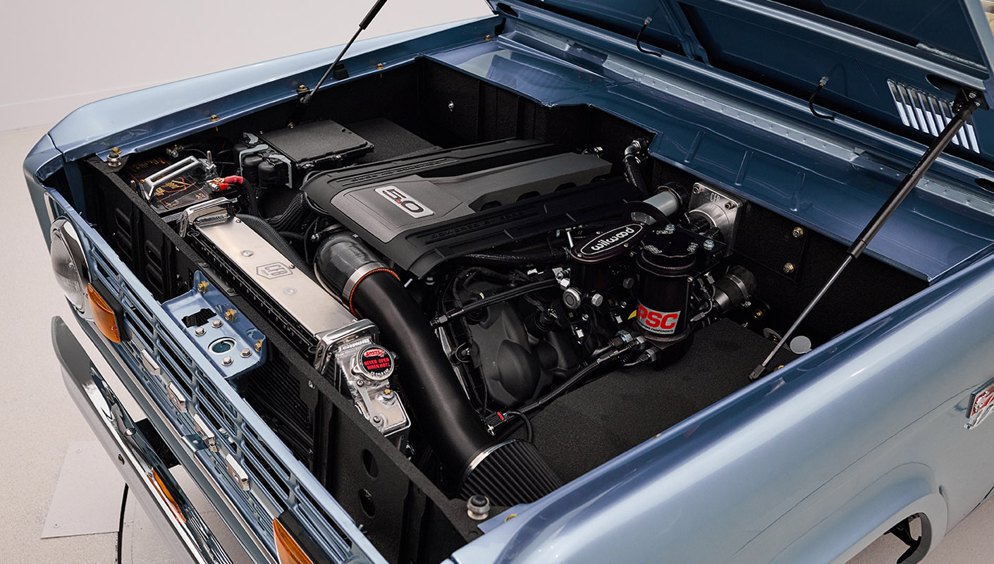 1966 Brittany Blue Classic Ford Bronco with 3rd Gen Coyote 5.0L Engine