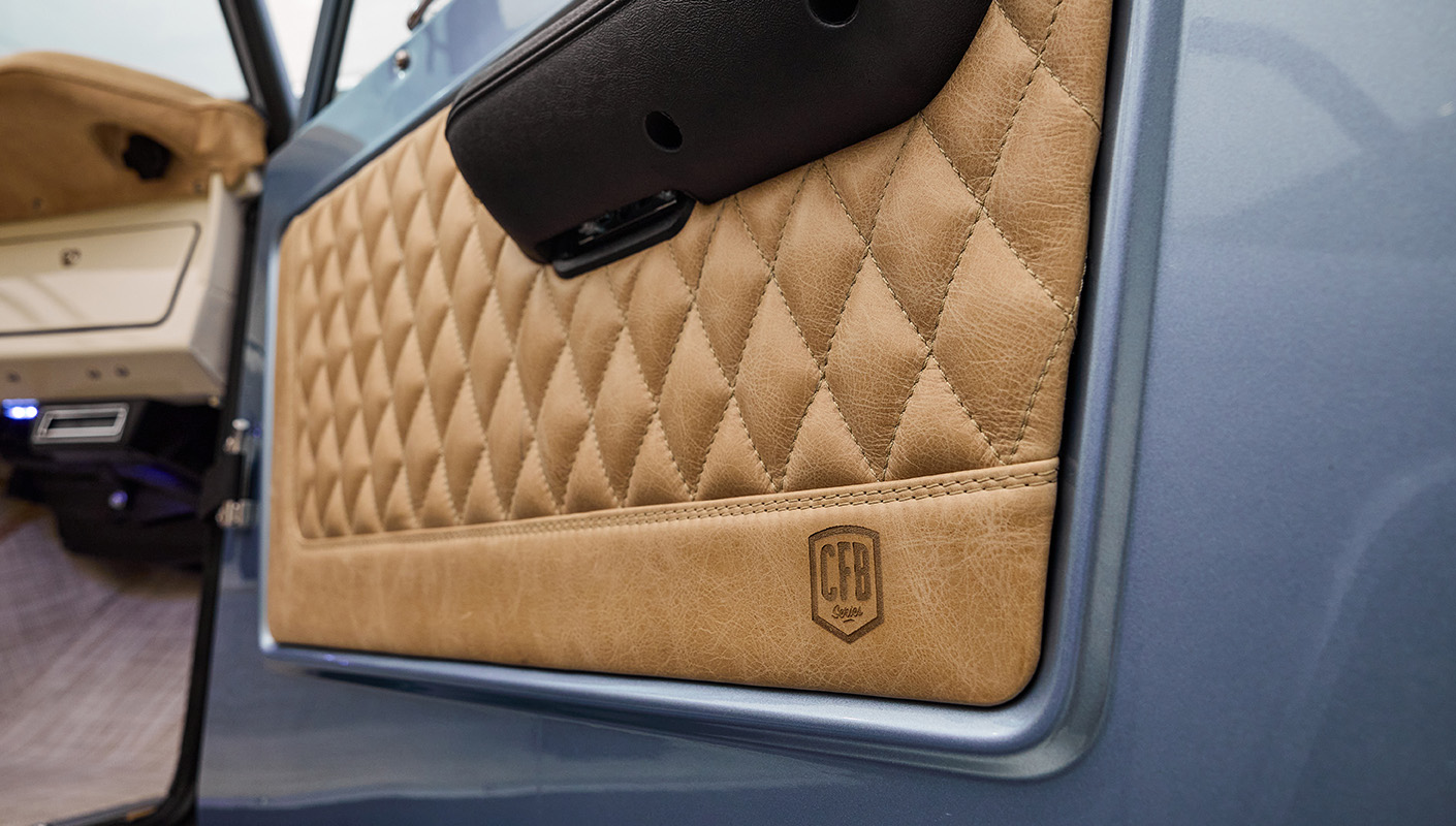 1966 Brittany Blue Classic Ford Bronco with Custom diamond stitch leather interior