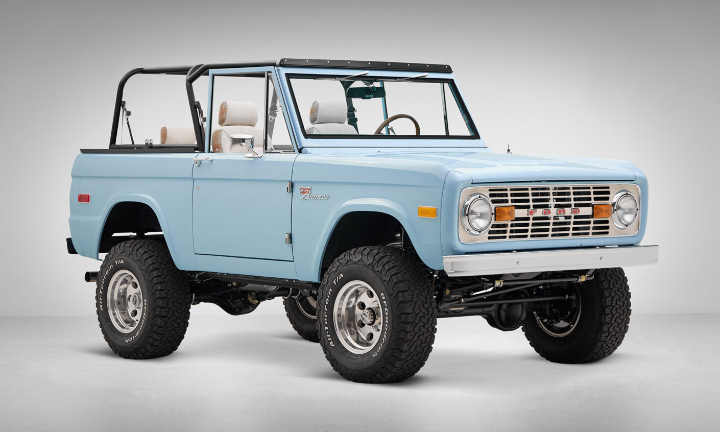 A 1970 Classic Ford Broncos coyote series in frozen blue over custom white rock leather interior