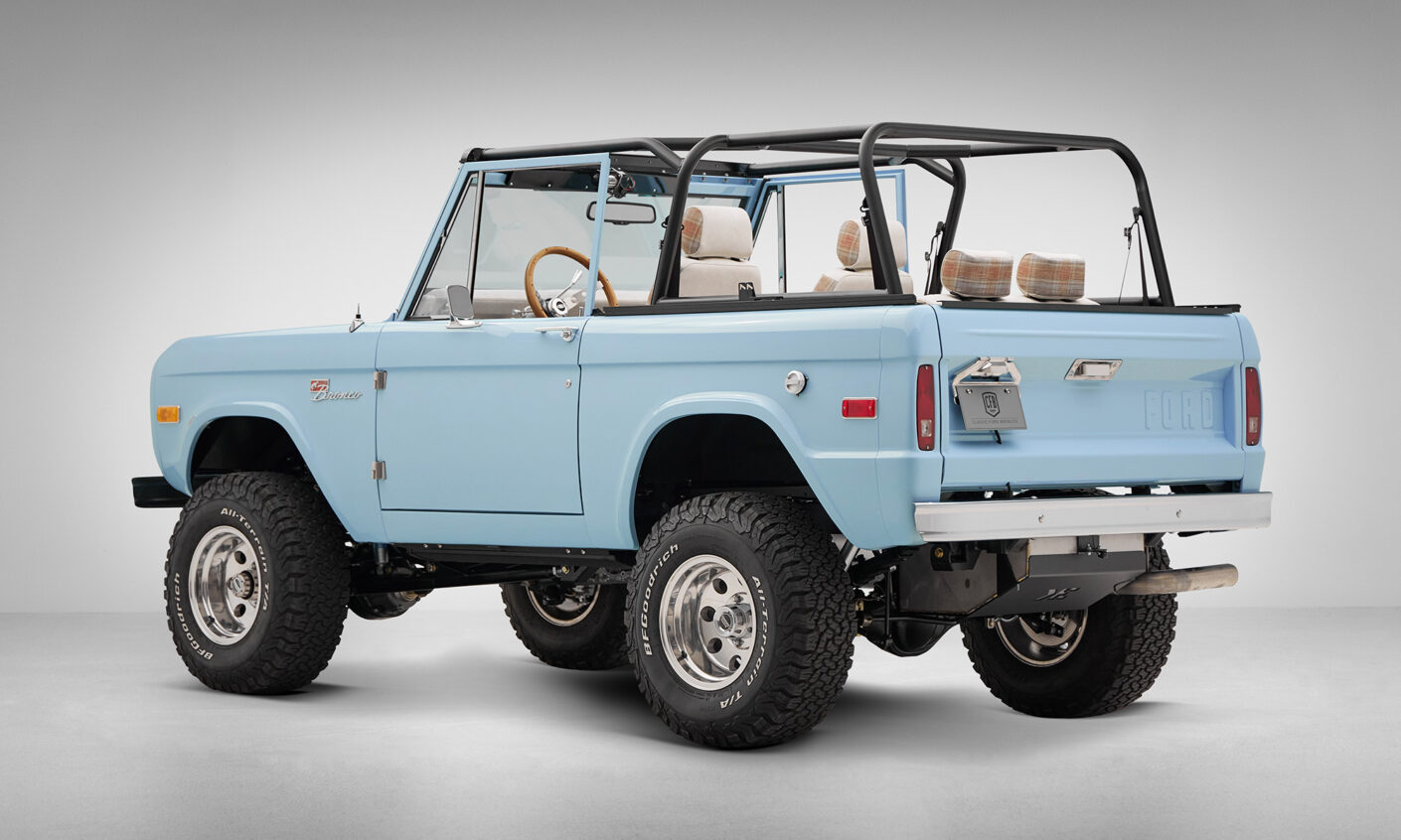 A 1970 Classic Ford Broncos coyote series in frozen blue over custom white rock leather interior