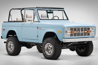 A 1970 Classic Ford Broncos coyote series in frozen blue over custom white rock leather interior and wimbledon white grill