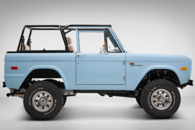 A 1970 Classic Ford Broncos coyote series in frozen blue over custom white rock leather interior, family cage 2 and chrome American racing wheels