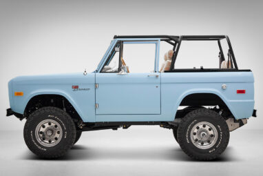 A 1970 Classic Ford Broncos coyote series in frozen blue over custom white rock leather interior, family cage 2 and chrome American racing wheels