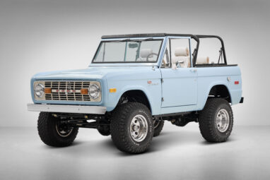 A 1970 Classic Ford Broncos coyote series in frozen blue over custom white rock leather interior and wimbledon white grill