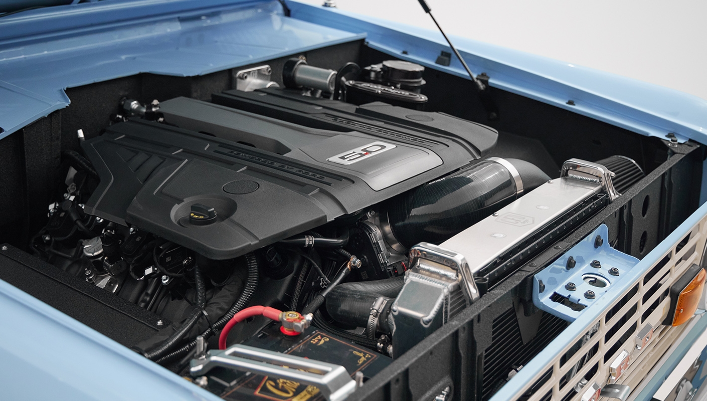 A 1970 Classic Ford Broncos coyote series in frozen blue, 10 speed automatic transmission