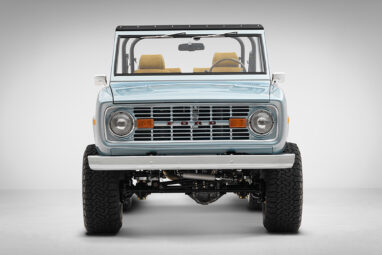 1975 ford bronco painted brittany blue with cowboy debossed, baseball stitch leather front profile