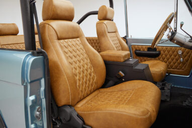 1976 Ford Bronco in Brittany Blue with whiskey diamond stitch leather