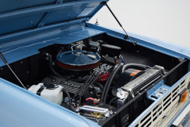 1967 Classic Ford Bronco painted in Frozen Blue over Ball Glove leather interior crate 302 angle