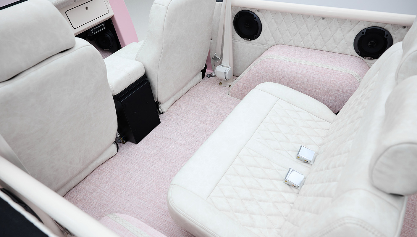 1966 Pink Classic Ford Bronco Coyote Series Roadster with White Leather Interior and Custom Pink Flooring