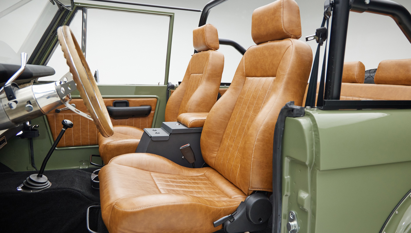 1976 classic ford bronco in boxwood green with ball glove leather driver seat