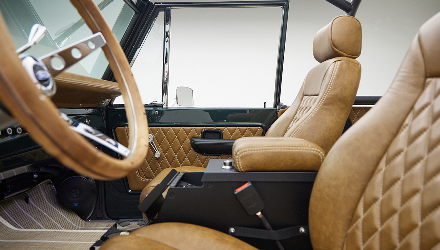 1966 ford bronco in highland green with whiskey leather interior interior detail