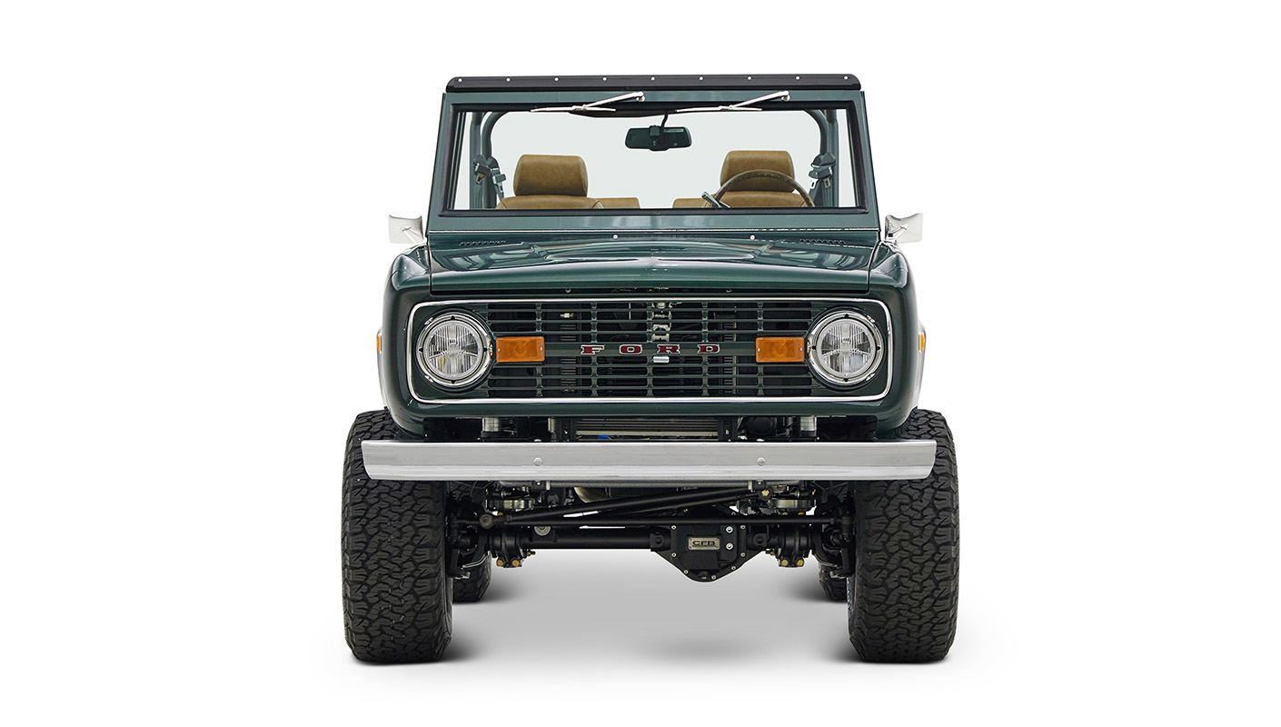 1966 ford bronco in highland green with whiskey leather interior front