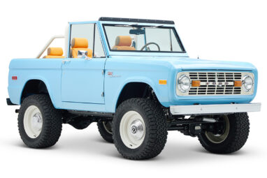 1973 Classic Ford Bronco in frozen blue with rolls royce orange leather and alpaca interior front passenger