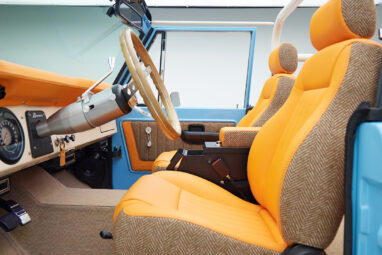 1973 Classic Ford Bronco in frozen blue with rolls royce orange leather and alpaca interior interior detail