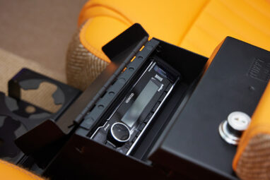 1973 Classic Ford Bronco in frozen blue with rolls royce orange leather and alpaca interior stereo