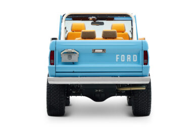 1973 Classic Ford Bronco in frozen blue with rolls royce orange leather and alpaca interior rear